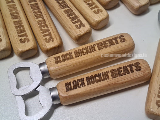 50 x Bottle opener w/wooden handle Custom Wood Designs __label: Multibuy 50-x-branded-50-x-bottle-opener-w-wooden-handle-53612766396759