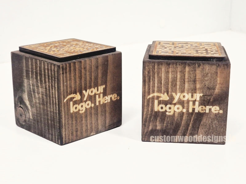 Load image into Gallery viewer, QR Code Block 3 sides Stained &amp; Branded 10-1000 Custom Wood Designs CUCED4_1
