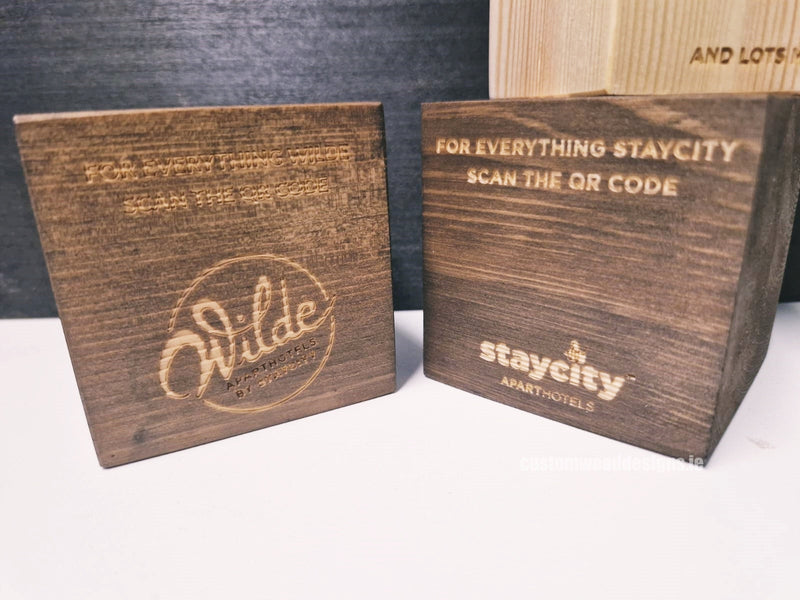 Load image into Gallery viewer, QR Code Block 5 sides Stained &amp; Branded 10-1000 Custom Wood Designs CustomWoodDesignsIrelandStayCityWoodQRcodeBlocksWoodbrandingIrelandHospitalitysignsIrelandQRCodesIreland_5_049ed762-9e8f-4efd-9325-e7db08d99f37
