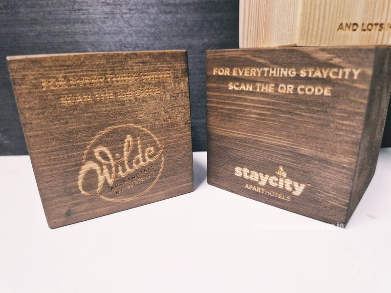 Load image into Gallery viewer, QR Code Block 3 sides Stained &amp; Branded 10-1000 Custom Wood Designs CustomWoodDesignsIrelandStayCityWoodQRcodeBlocksWoodbrandingIrelandHospitalitysignsIrelandQRCodesIreland_5
