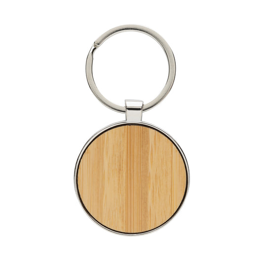 RCS recycled zinc alloy round keychain with bamboo - Custom Wood Designs