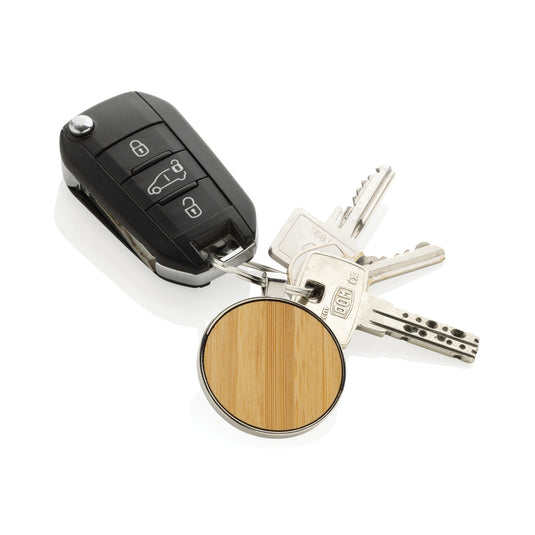 RCS recycled zinc alloy round keychain with bamboo - Custom Wood Designs