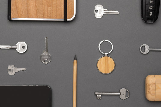 RCS recycled zinc alloy round keychain with bamboo - Custom Wood Designs