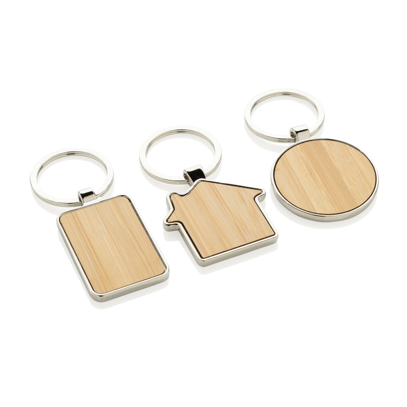 Load image into Gallery viewer, RCS recycled zinc alloy house keychain with bamboo - Custom Wood Designs
