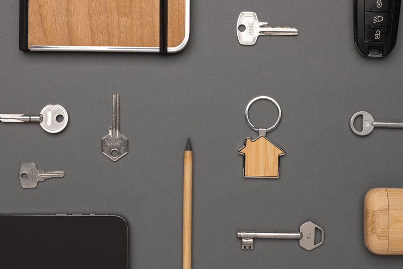 Load image into Gallery viewer, RCS recycled zinc alloy house keychain with bamboo - Custom Wood Designs
