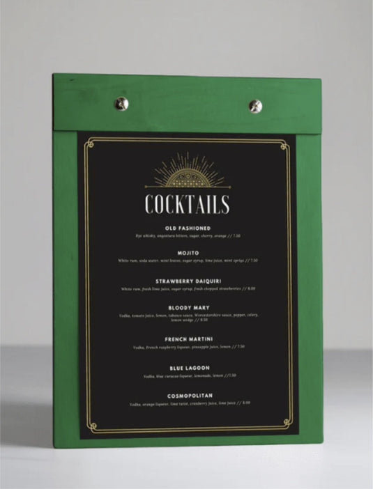 20 x Clipboard Menu15x21cm Custom Wood Designs __label: Multibuy greenclipboardmenuhospitalitycustomwooddesigns_89fcbc4a-a2a2-4e8d-922b-87fa533f83e7