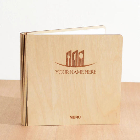 20 x Personalised Wood Menus 20x20cm Natural Custom Wood Designs __label: Multibuy naturalmenubookcustomwooddesignshospitality
